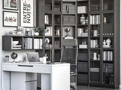 White Home Office Writing Desk and Chair Set with Black Bookshelves Lamp Globe and Decorations 3d model
