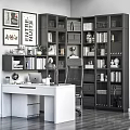 White Home Office Writing Desk and Chair Set with Black Bookshelves Lamp Globe and Decorations