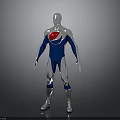 Silver And Blue Humanoid Figure With Red Chest Emblem And Metallic Body
