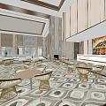 Modern Luxury Sales Office Spacious Lobby With Marble Tables Chandeliers Artwork And Natural Light