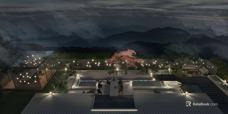 Scenic Park Landscape With Mountain View Cherry Blossom Tree Water Pool And Pathway Lighting 3d model 