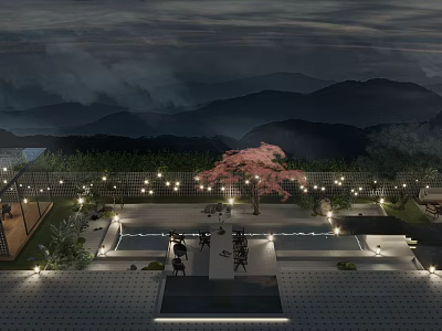 Scenic Park Landscape With Mountain View Cherry Blossom Tree Water Pool And Pathway Lighting 3d model