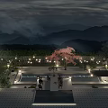 Scenic Park Landscape With Mountain View Cherry Blossom Tree Water Pool And Pathway Lighting