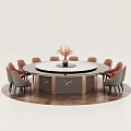 Elegant Round Dining Table With Marble Top And Vase Centerpiece Surrounded By Orange Gray Chairs