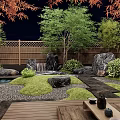 Natural Courtyard Garden Design With Rocks Trees Wooden Fence And Stone Pathway