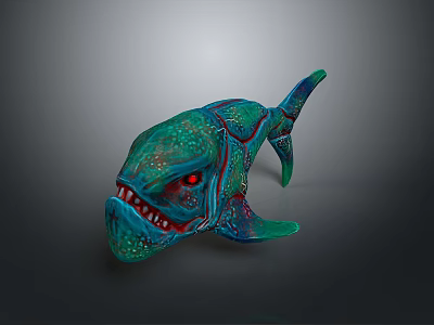 Aquatic Animal 3D Art Design With Turquoise Body Colorful Patterns Red Eyes And Sharp Teeth 3d model