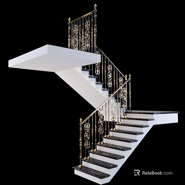 Elegant Modern Staircase Design With White Steps And Gold Decorative Railings 3d model 