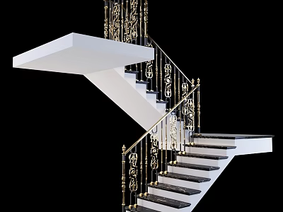 Elegant Modern Staircase Design With White Steps And Gold Decorative Railings 3d model