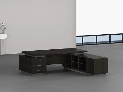 Modern Dark Wood Office Desk With Drawers And Open Shelves In Bright Room 3d model