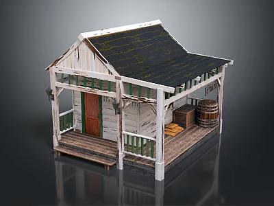 Rustic Wooden Log Cabin With Black Roof Green Railings Porch Brown Door And Wooden Barrels 3d model