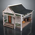 Rustic Wooden Log Cabin With Black Roof Green Railings Porch Brown Door And Wooden Barrels