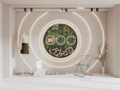 Shop Window Display With Circular Green Plant Wall Pink Flowers Ring Lighting Mannequin Green Chair 3d model
