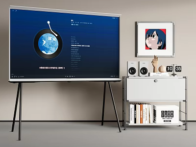Modern TV on Tripod Stand with Cabinet Speakers Wall Art Decorations and Bookshelf 3d model