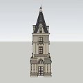 Classical Tall Tower With Black Spire Multiple Floors Arched Door And Decorative Windows