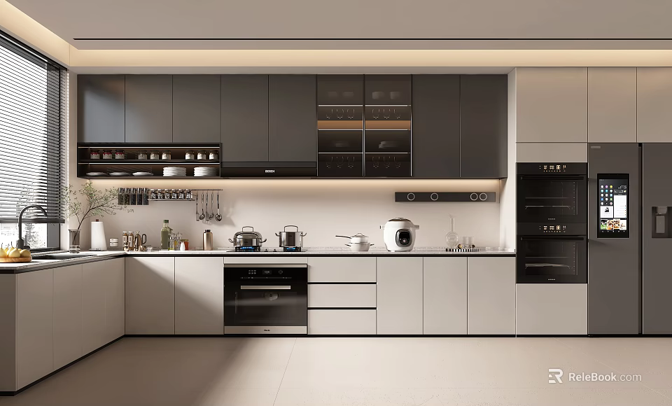 Modern Gray Kitchen Interior Design With Upper Lower Cabinets Appliances And Sleek Countertop 3d model 