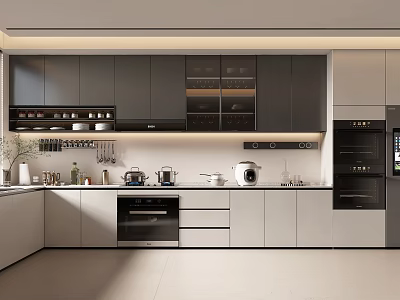 Modern Gray Kitchen Interior Design With Upper Lower Cabinets Appliances And Sleek Countertop 3d model