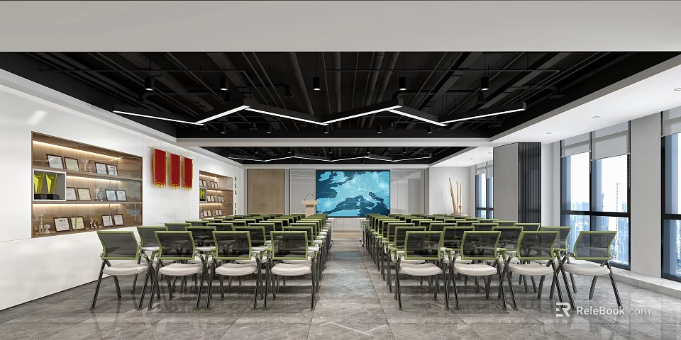 Modern Spacious Conference Room With Neatly Arranged Green Chairs Large Screen And Bookshelves 3d model 