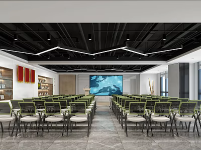 Modern Spacious Conference Room With Neatly Arranged Green Chairs Large Screen And Bookshelves 3d model