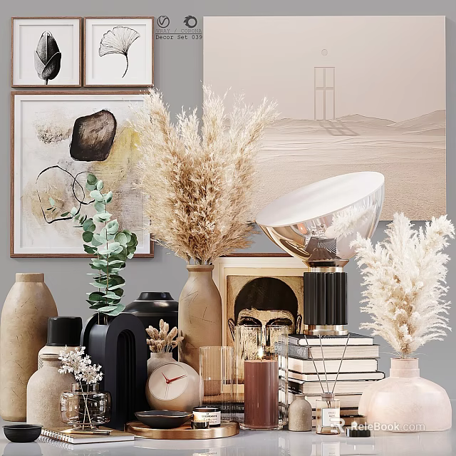 Elegant Decorative Ornament Set With Vases Dried Pampas Grass Sculptures Books And Candle Holders 3d model 