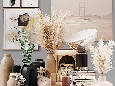Elegant Decorative Ornament Set With Vases Dried Pampas Grass Sculptures Books And Candle Holders 3d model