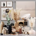 Elegant Decorative Ornament Set With Vases Dried Pampas Grass Sculptures Books And Candle Holders