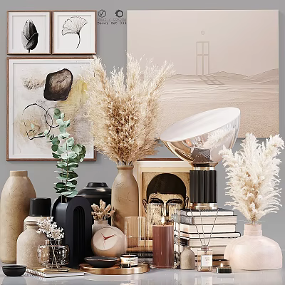 Elegant Decorative Ornament Set With Vases Dried Pampas Grass Sculptures Books And Candle Holders 3d model