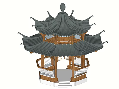 Traditional Chinese Ancient Pavilion With Multi Layered Eaves Black Tiles And Wooden Railing 3d model