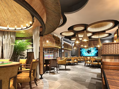 Banquet Hall Interior Design With Wooden Ceiling Circular Pendant Lights And Dining Furniture 3d model