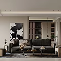 Living Dining Room Interior Design With Dark Sofa Coffee Table And Decorative Painting
