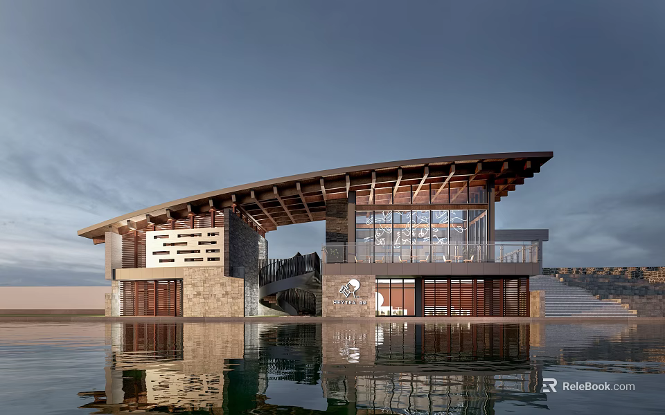 Modern Waterfront Post Station With Wooden Roof And Glass Facade Reflections 3d model 