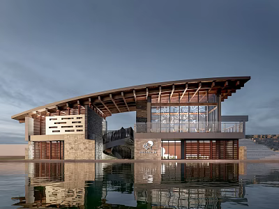 Modern Waterfront Post Station With Wooden Roof And Glass Facade Reflections 3d model
