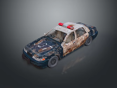 Old Rusty Police Car With Red Blue Lights And Weathered Body 3d model