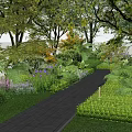 Lush Garden With Colorful Flowers Ferns And Stone Path Surrounded By Trees