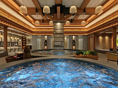 Luxurious SPA Sauna Interior With Hot Spring Pool Wooden Ceiling Hanging Lamps And Green Plants 3d model