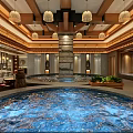 Luxurious SPA Sauna Interior With Hot Spring Pool Wooden Ceiling Hanging Lamps And Green Plants
