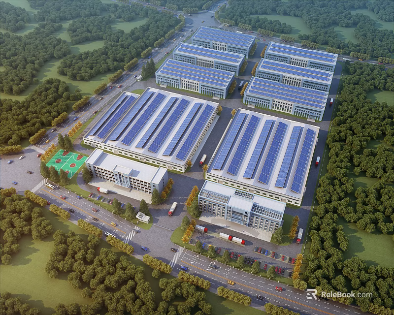 Green Industrial Factory Complex With Solar Panel Roofs And Surrounding Trees 3d model