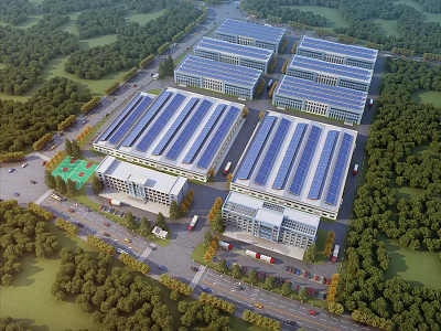 Green Industrial Factory Complex With Solar Panel Roofs And Surrounding Trees 3d model