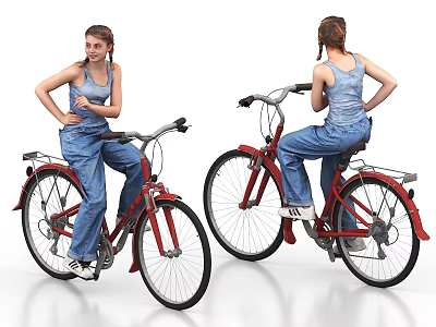 Young Woman Riding Red Bicycle In Casual Attire With Retro Design 3d model
