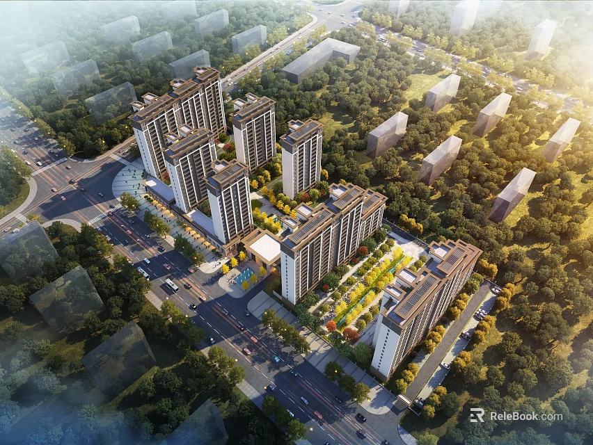 Aerial Planning of Residential Area With High Rise Buildings Greenery And Roads 3d model 