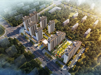 Aerial Planning of Residential Area With High Rise Buildings Greenery And Roads 3d model