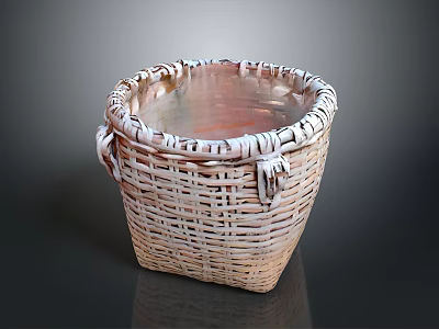 Light Brown Woven Basket With Handles For Household Storage And Everyday Use 3d model