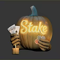 Halloween Pumpkin Decoration With Hands Holding Playing Cards Lit Stake Text And Candle