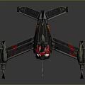 Futuristic Metallic Flying Vehicle With Red Accents Multiple Arms And Landing Gear