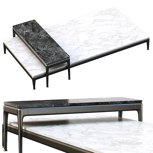 Modern Coffee Table with Black and White Marble Top and Metal Legs 3d model 