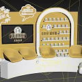 Interactive Zone Interior Design With Yellow Seats Curved Platform Display Shelves And Screen 3d model
