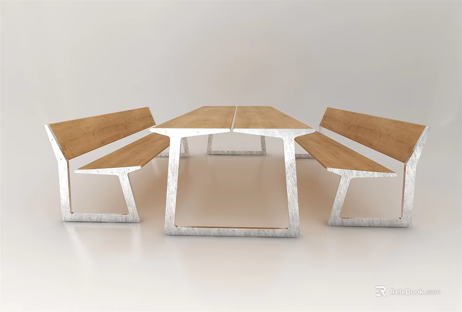 Modern Dining Table Set With Wooden Tabletop And Metal Frame Benches 3d model