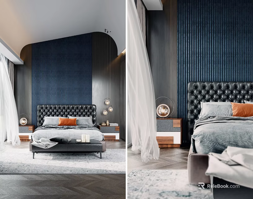 Modern Dark Blue Bedroom Interior With Black Upholstered Headboard Orange Pillows And Paneled Walls 3d model 