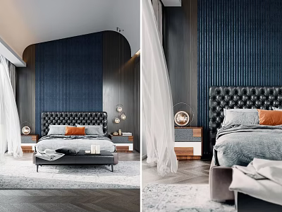 Modern Dark Blue Bedroom Interior With Black Upholstered Headboard Orange Pillows And Paneled Walls 3d model