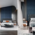 Modern Dark Blue Bedroom Interior With Black Upholstered Headboard Orange Pillows And Paneled Walls