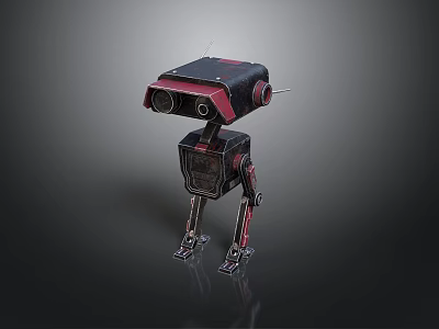 Mechanical Robot Character With Red Black Design Metallic Legs And Lenses 3d model